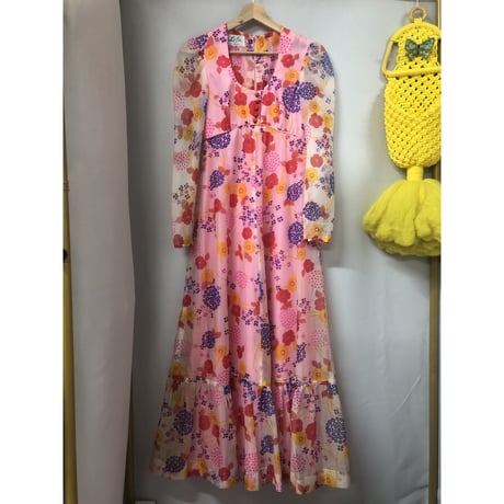 70s Hawaiian sheer maxi dress【00830】