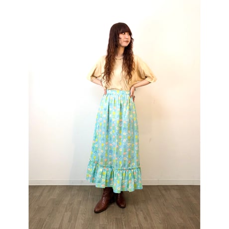 70s Light blue floral maxi skirt【01319】