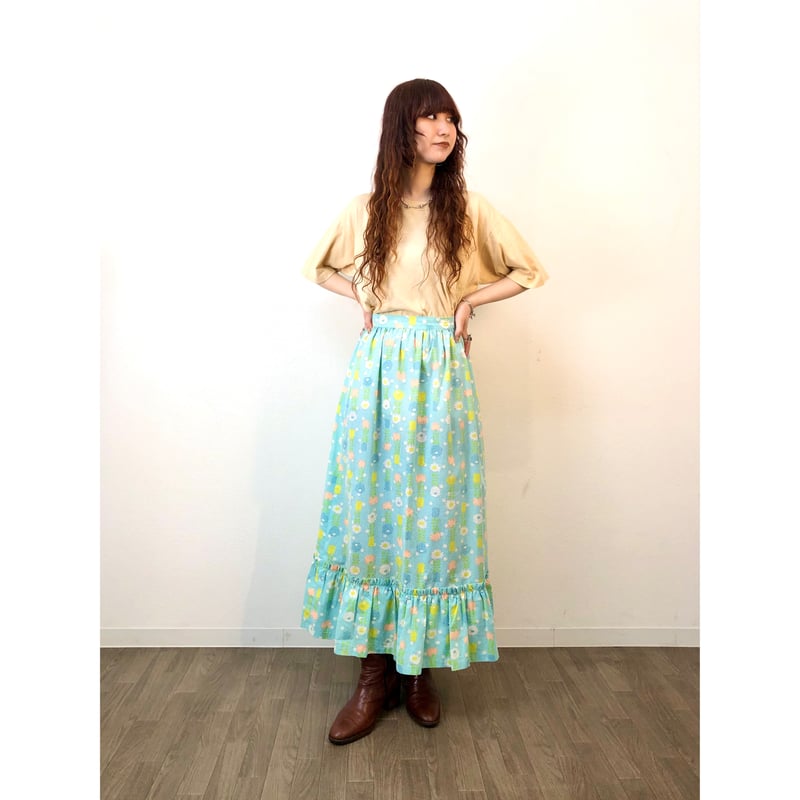 70s Light blue floral maxi skirt【01319】 | Vinta