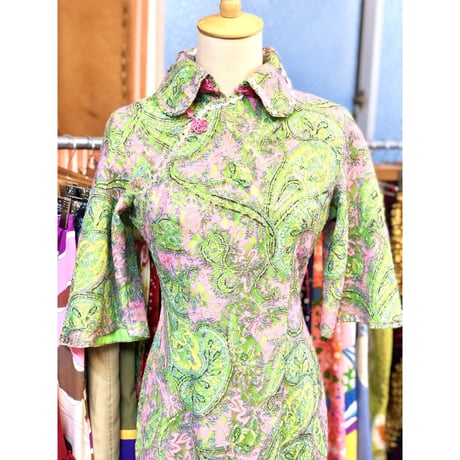 60s Green lace china dress【01214】