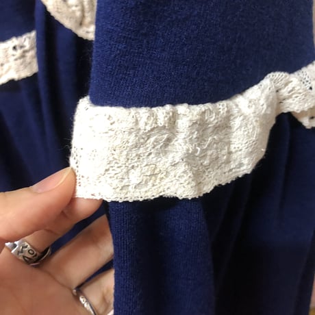 70s Navy prairie maxi dress【01224】