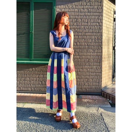 70s Sleeveless patchwork maxi dress【01101】