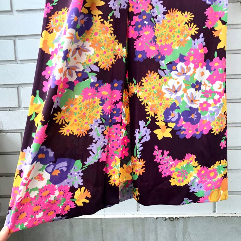 70s Burgundy floral maxi dress【01311】 | Vintage