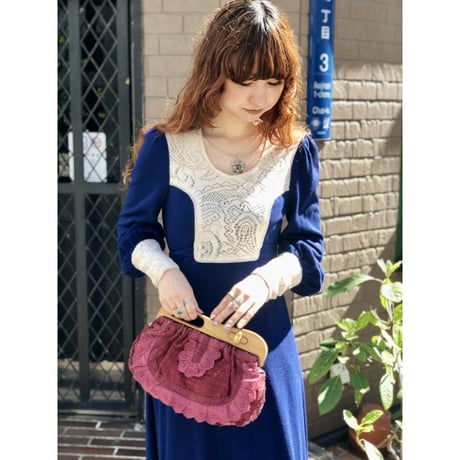 70s Navy prairie maxi dress【01224】