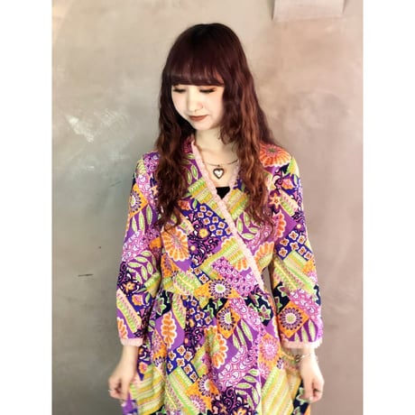 60s Psychedelic floral maxi wrap dress【01246】