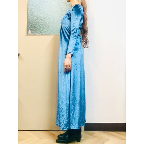 70s Blue velor maxi dress【01056】