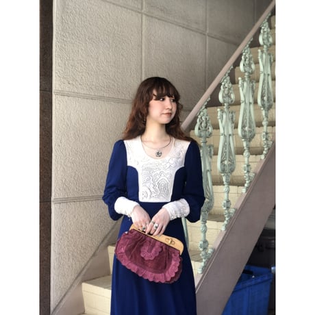 70s Navy prairie maxi dress【01224】