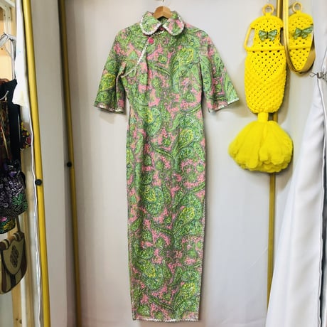 60s Green lace china dress【01214】