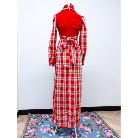 70s Gingham prairie style maxi dress【00467】