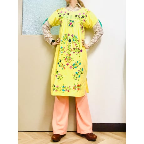 Vintage yellow embroidered dress【00828】