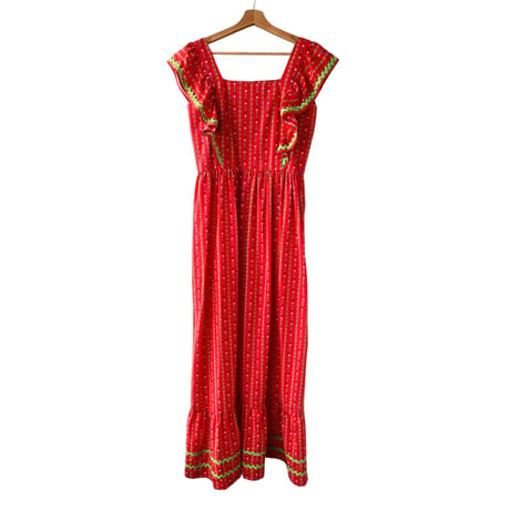 70s Red floral maxi dress【01314】