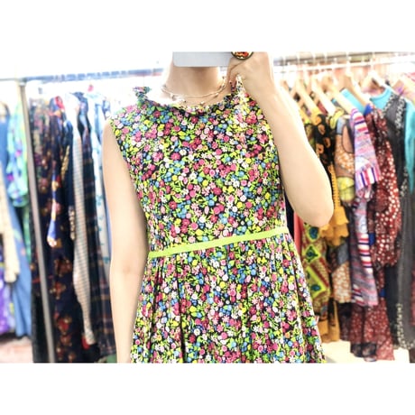60s Sleeveless bright floral sundress【01142】