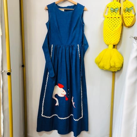 70s Sleeveless fish maxi dress【01099】