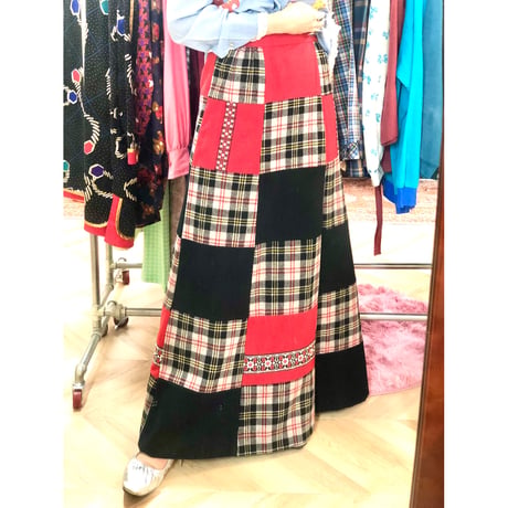 70s Wool patchwork maxi skirt【01052】
