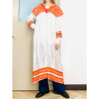 70s white satin floral dress【00889】
