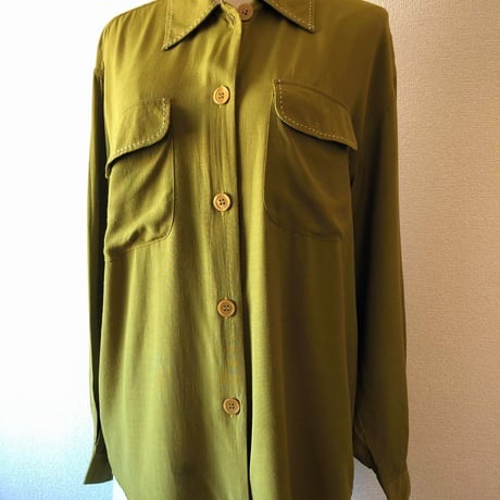 80s Green rayon blouse【00427】