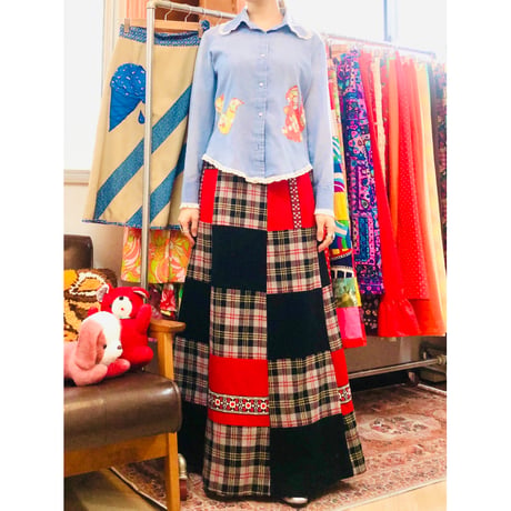 70s Wool patchwork maxi skirt【01052】