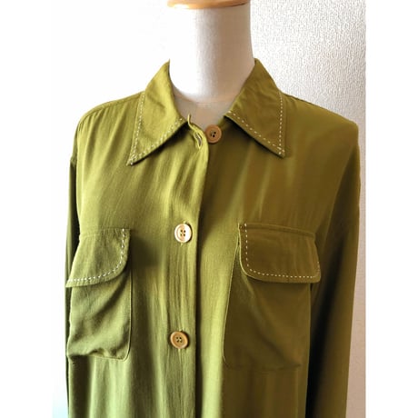 80s Green rayon blouse【00427】