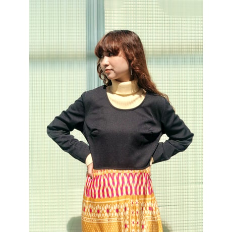 70s Black and yellow floral maxi dress【01227】