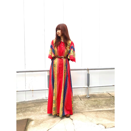70s Red maxi dress【01075】
