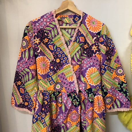 60s Psychedelic floral maxi wrap dress【01246】