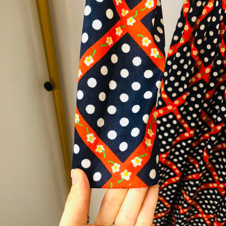 70s Dot & Floral maxi dress【01102】