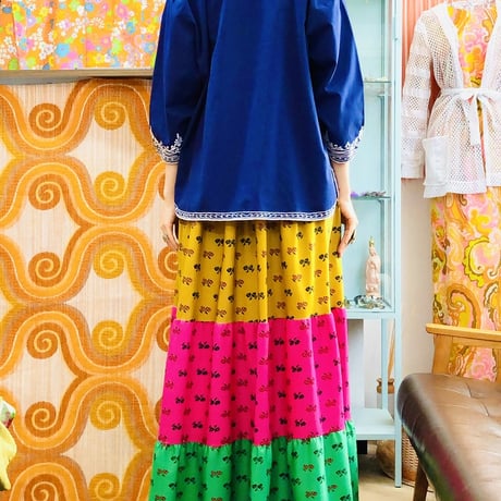 70s Colorful tiered maxi skirt【01162】
