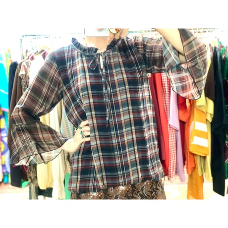Brown plaid flare sleeve top【00899】