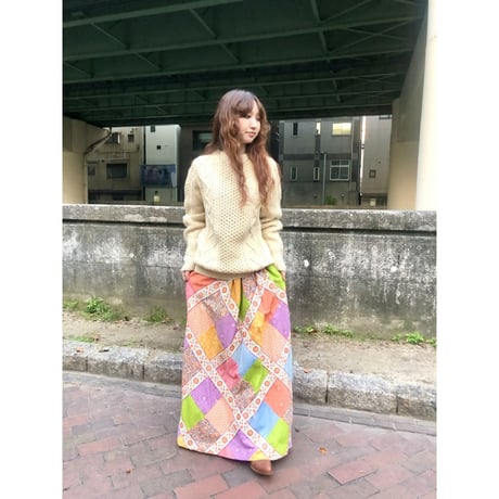 70s Floral patchwork maxi skirt【01231】