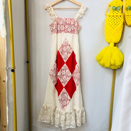 70s Patchwork lace maxi dress【01100】