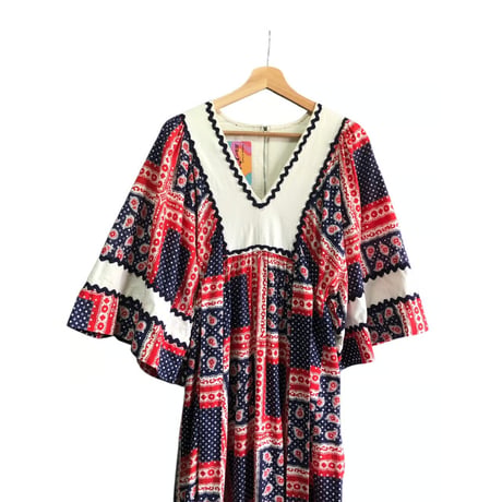 70s Bandana hippie maxi dress【01465】