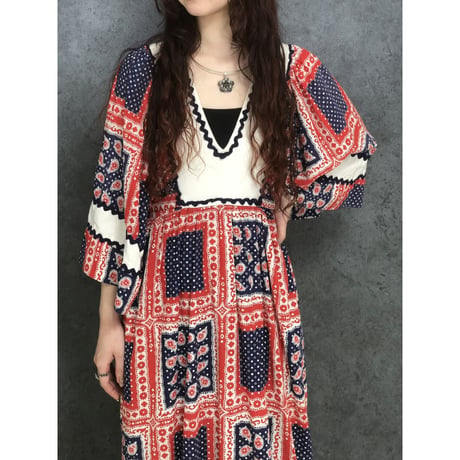 70s Bandana hippie maxi dress【01465】