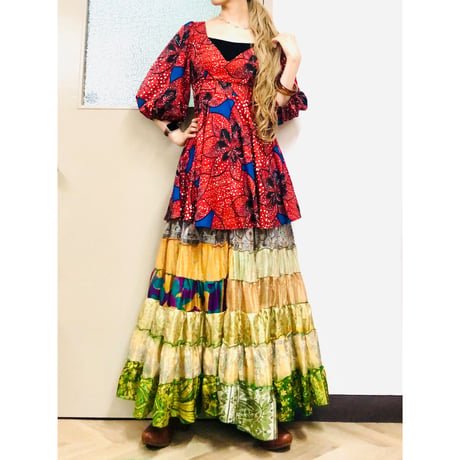 African baloon sleeve peplum tunic / mini dress【00959】