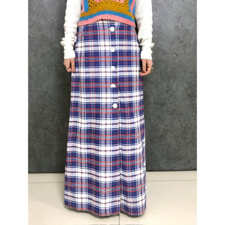 70s Blue plaid maxi skirt【01453】