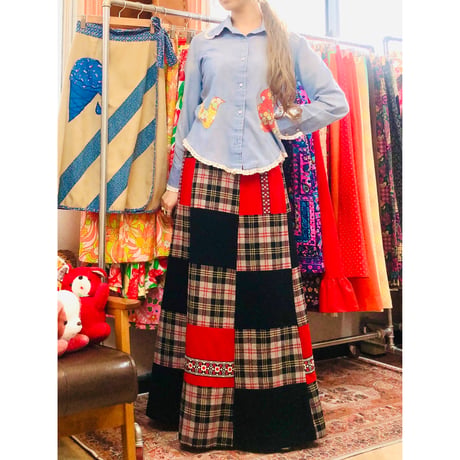 70s Wool patchwork maxi skirt【01052】