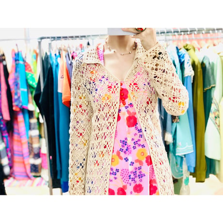 70s Biege crochet cardigan【00757】