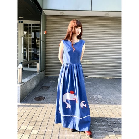 70s Sleeveless fish maxi dress【01099】