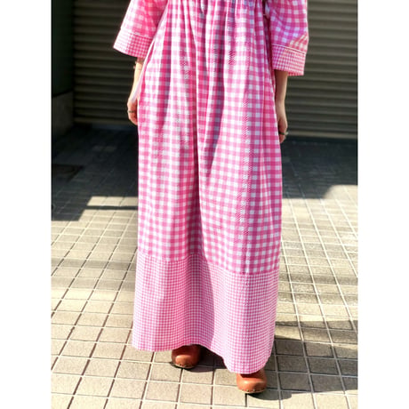 Vintage pink gingham maxi dress【01104】