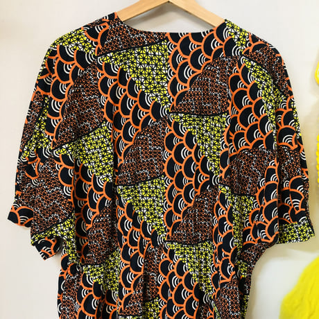 Orange×Yellow African batik dress【01188】