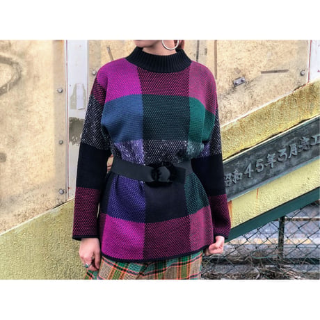 80s Plaid Mock Neck Sweater【00544】