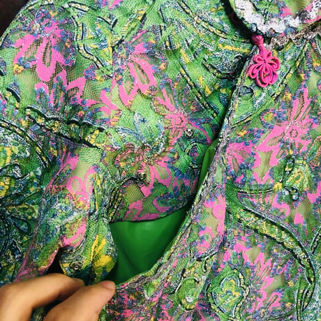 60s Green lace china dress【01214】