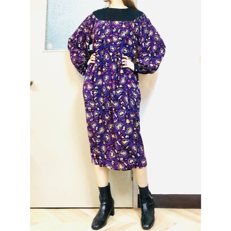 Casi Vintage purple print silk dress【01037】