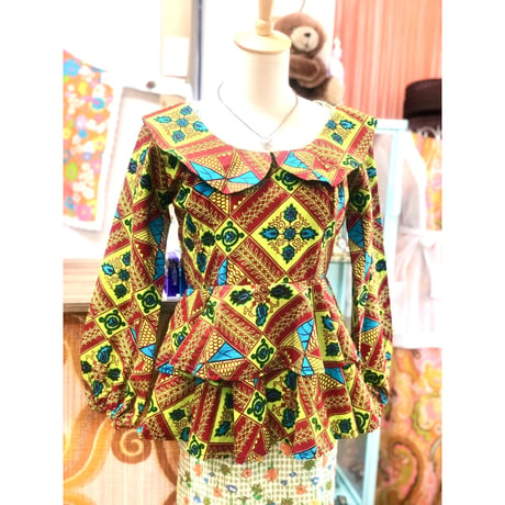 Green peplum african batik top【01178】