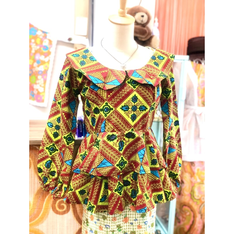 Green peplum african batik top【01178】 | Vintage
