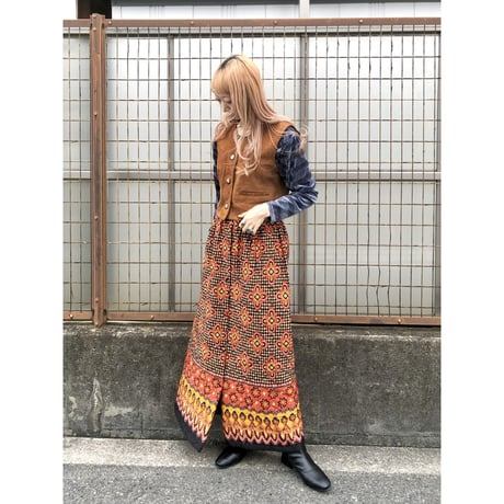 60s Orange floral quilted maxi skirt【01426】