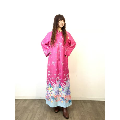 70s Pink floral maxi dress【01310】