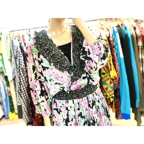 80s Floral ruffle dress 【01216】