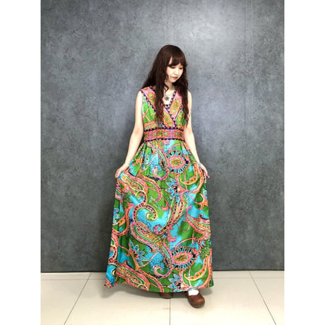 70s Paisley sleeveless maxi dress【01449】