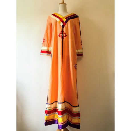 70s Cotton orange maxi dress【00282】