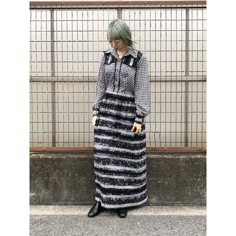 70s MISS K Black plaid maxi dress【01389】